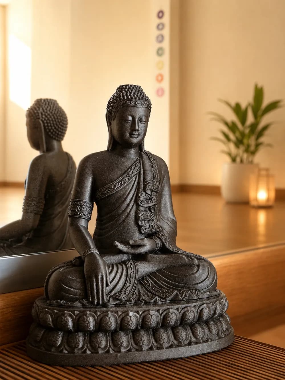 Figura de Buda de piedra sobre una repisa de madera junto al espejo